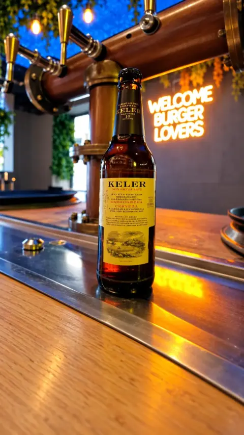 Botella de cerveza Keler sobre la barra del restaurante