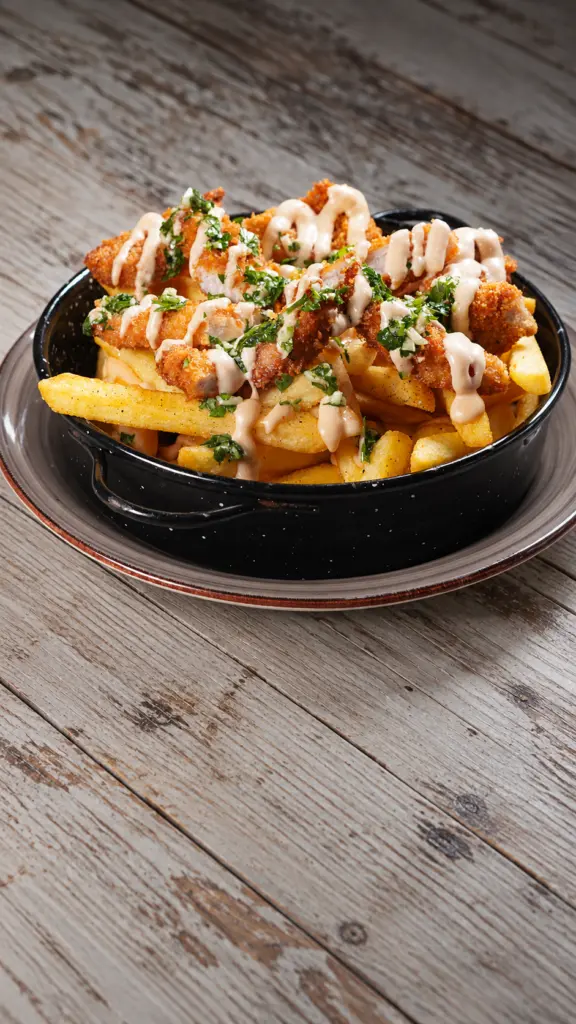 Patatas fritas con pollo crujiente, salsa y hierbas
