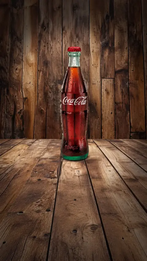 Botella de Coca-Cola con etiqueta roja sobre una mesa de madera