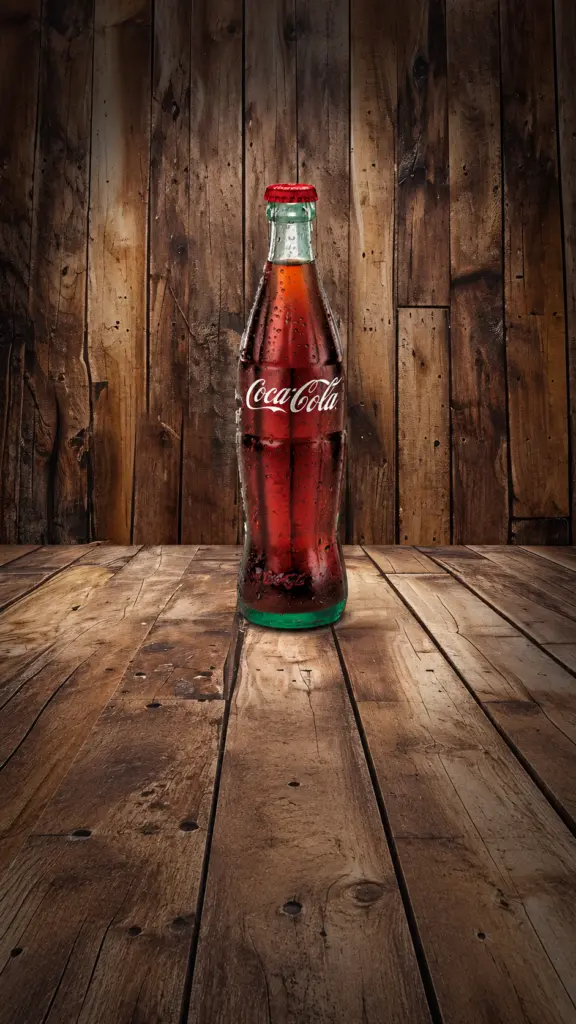 Botella de Coca-Cola con etiqueta roja sobre una mesa de madera