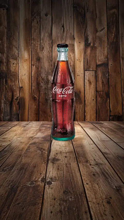 Botella de Coca-Cola Zero sobre una mesa de madera