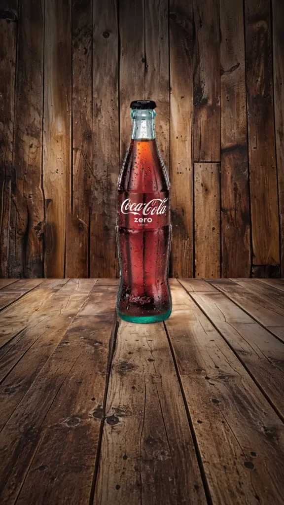 Botella de Coca-Cola Zero sobre una mesa de madera