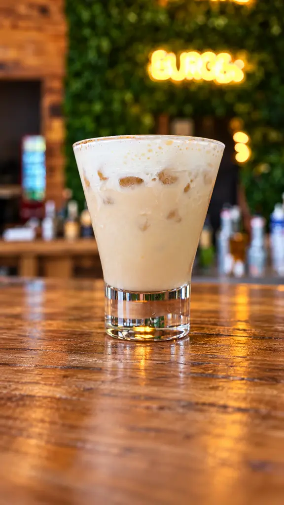Coconut Coffee servido en un vaso blanco con hielo