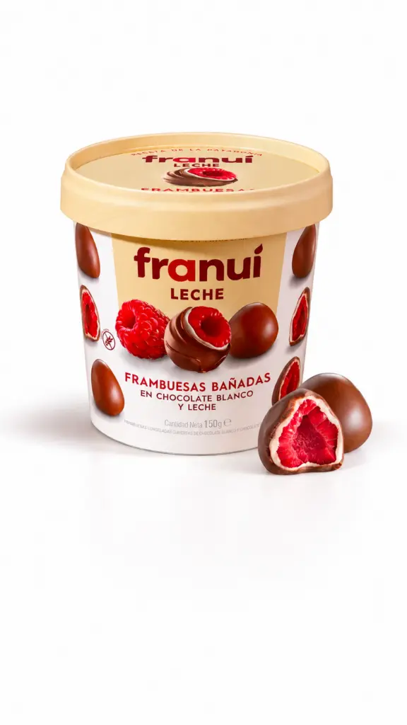 Envase de Franuí de chocolate con leche junto a una frambuesa cubierta de chocolate