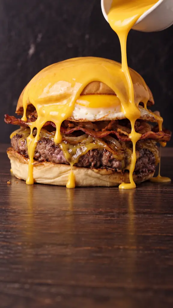 Hamburguesa La Mari con salsa de queso vertida por encima