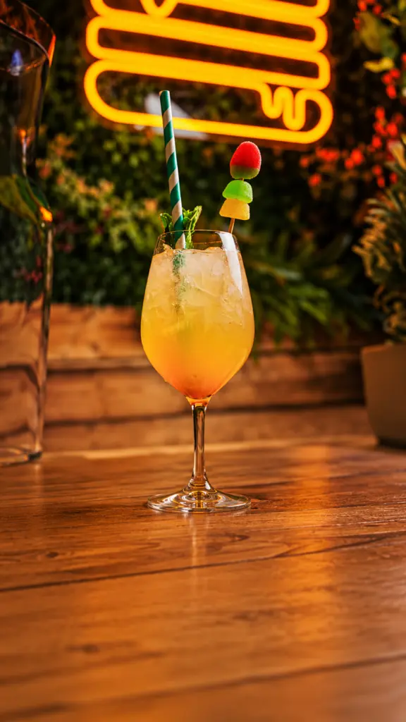 Cóctel de melocotón frizzante en una copa con hielo y brocheta de frutas
