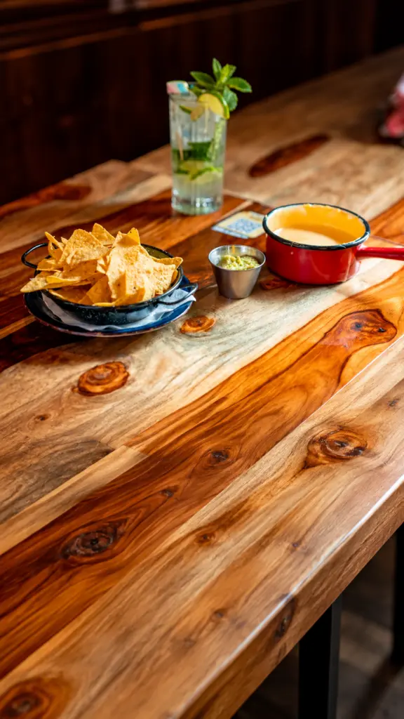 Nachos acompañados de cuencos de cheddar y guacamole sobre una mesa