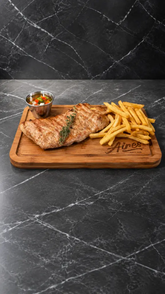 Secreto ibérico a la brasa con patatas fritas sobre una tabla