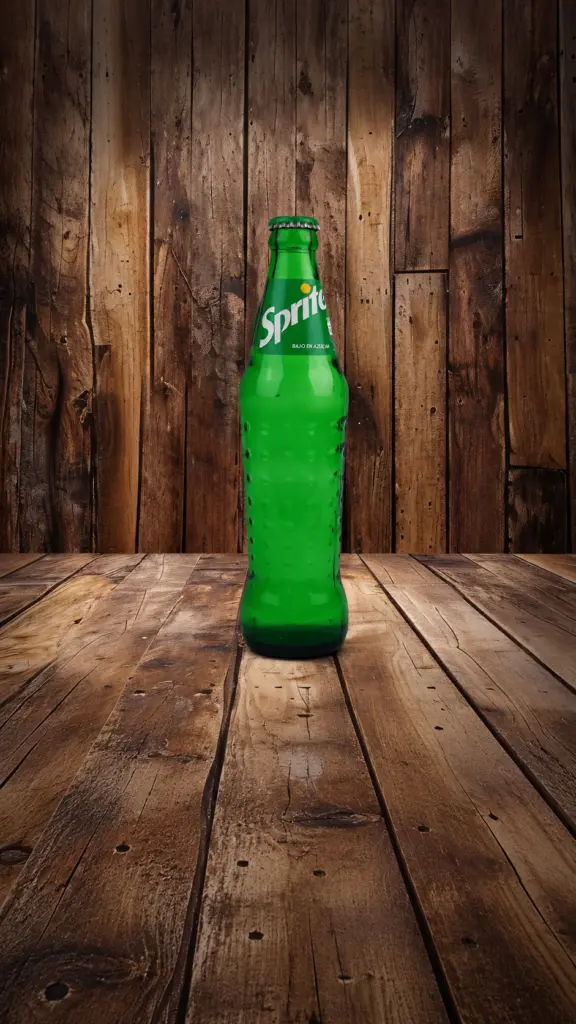 Botella verde de Sprite sobre una mesa de madera