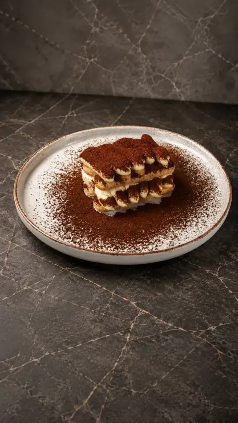 Porción de tiramisú casero espolvoreada con cacao en un plato