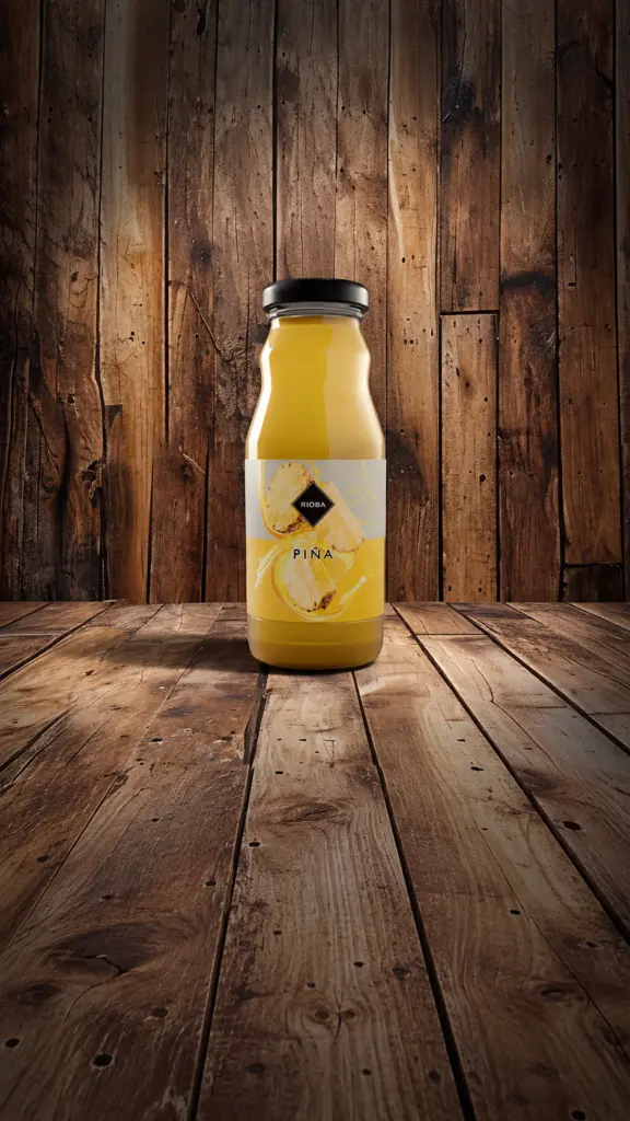 Botella de zumo de naranja sobre una mesa de madera